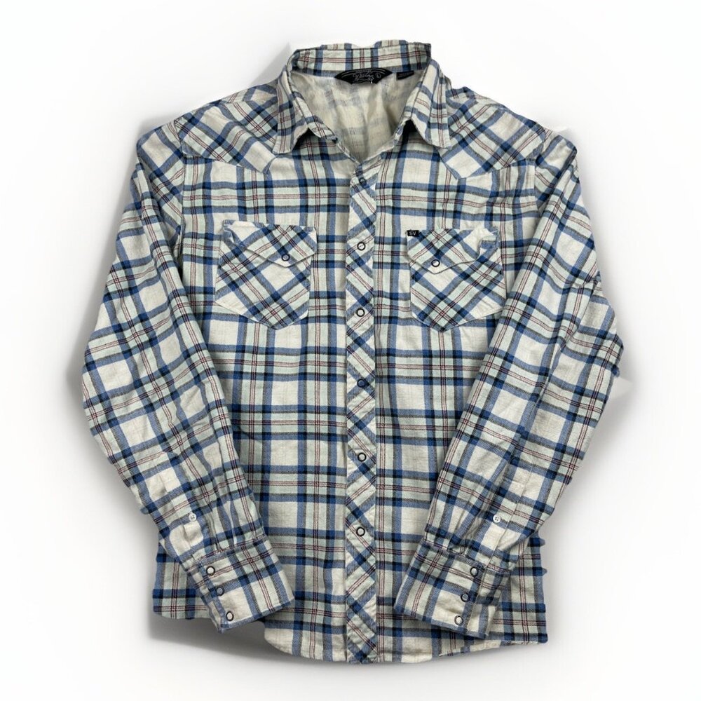 Salt Valley Western Shirt Men’s L White / Blue Plaid Button Up Long Sleeve Snap*